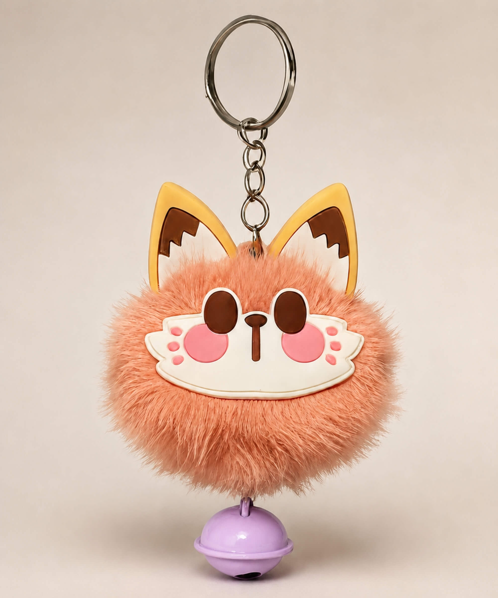 Peach lucky cat bell plush keychain with fluffy cat face charm and purple bell